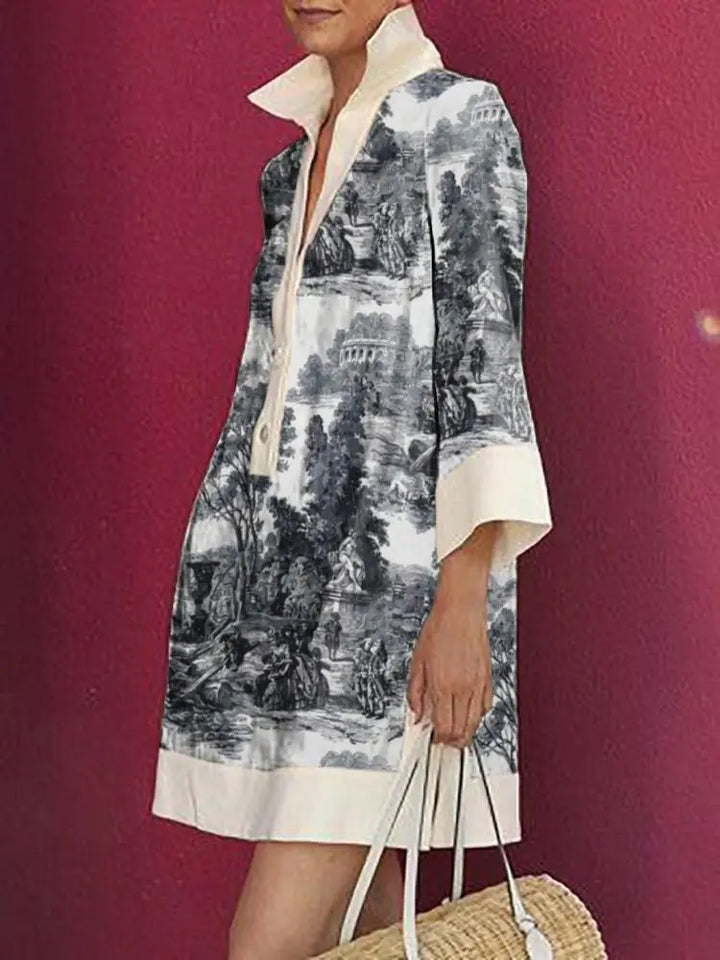 Stylish women's vintage print mini tunic dress in a toile pattern. Perfect for summer, vacation, and relaxed outings.