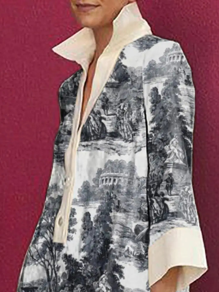 Close-up of a women's vintage toile print mini tunic dress, showcasing intricate pattern & soft fabric texture.