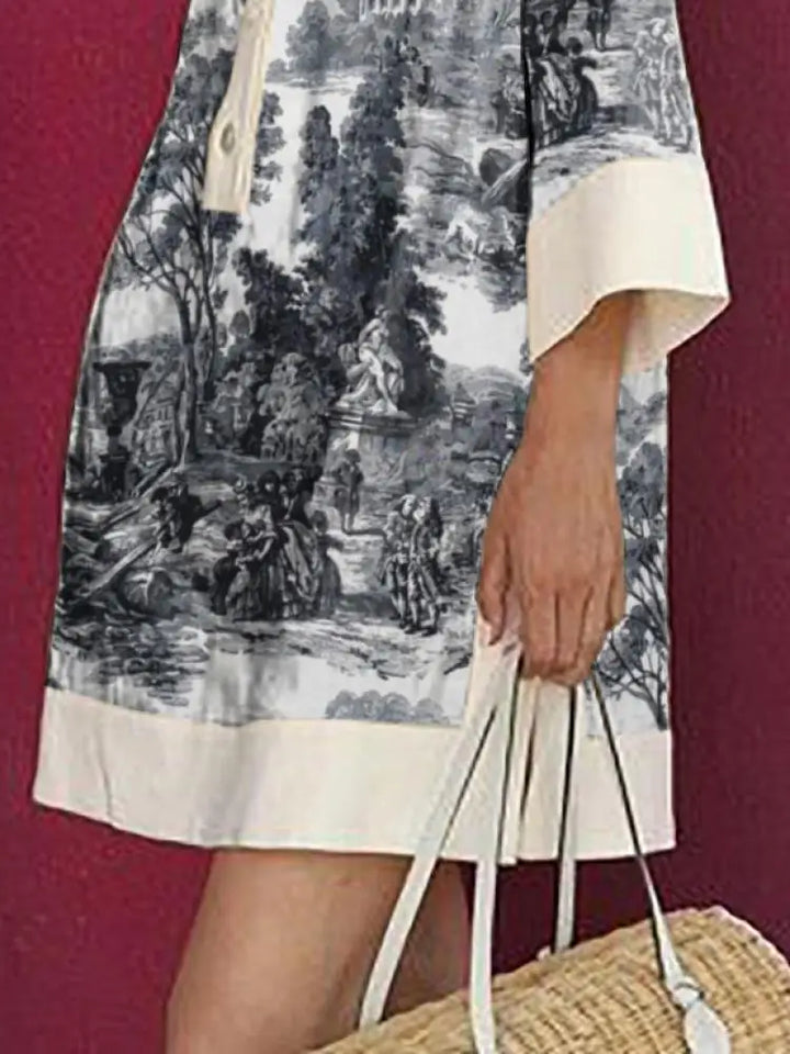 Full shot of a woman wearing a relaxed fit vintage toile print mini tunic dress, ideal for effortless summer fashion.