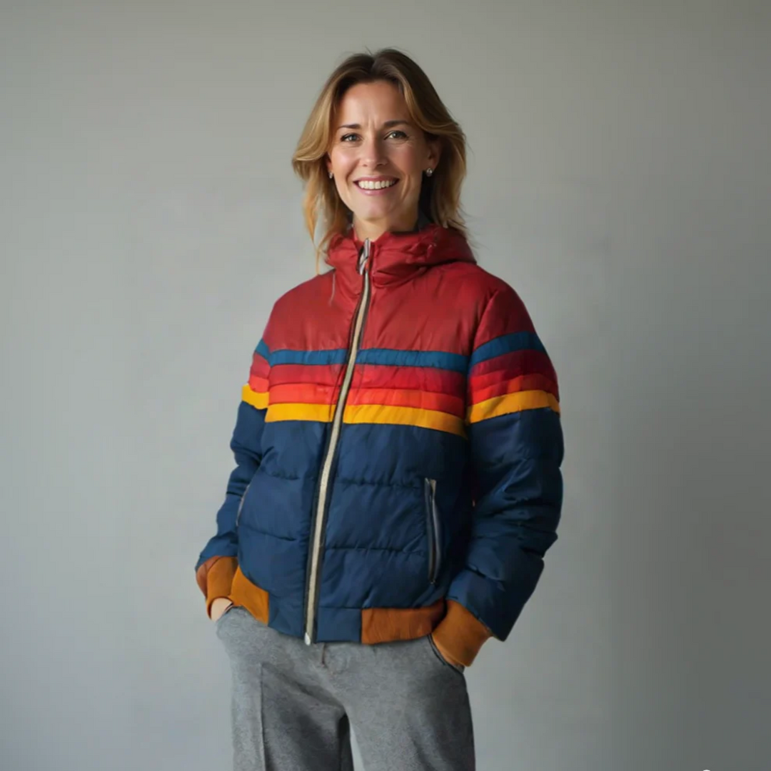 Women's vintage zip-up jacket with retro stripes, perfect for stylish casual wear in autumn or spring.