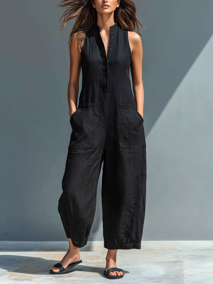 Women's Viola sleeveless loose-fitting jumpsuit with stand collar & button-up detail. Perfect for casual summer wear.
