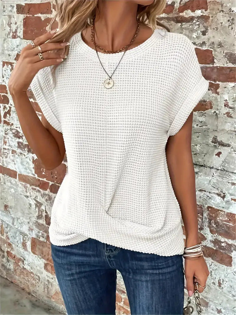 Women's Waffle Twist Tee, short sleeve, casual modern top. Versatile everyday wear for spring & summer.