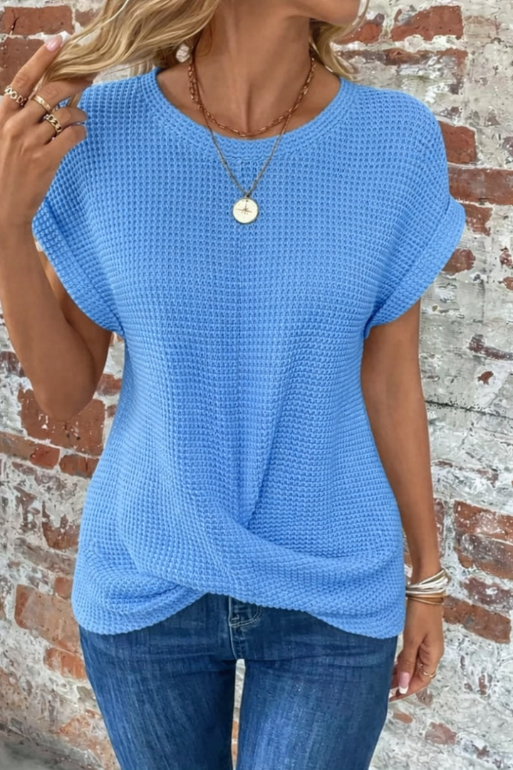 Trendy women's short sleeve waffle twist tee. Modern casual top, comfortable fit, perfect for spring/summer.