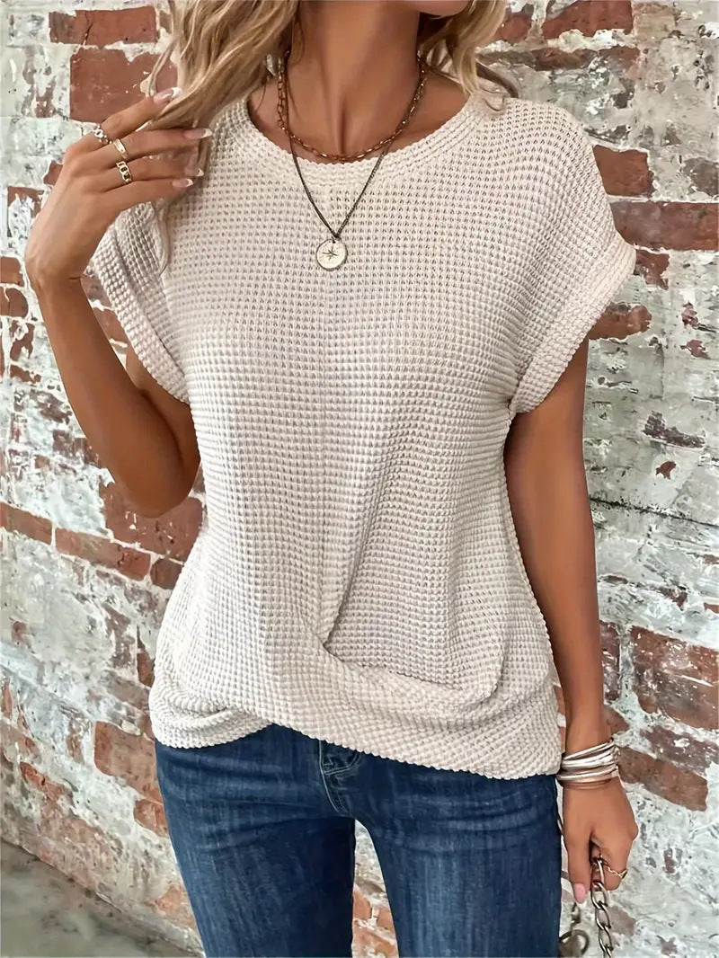 Versatile women's waffle twist front tee, perfect short sleeve top for spring and summer casual style.