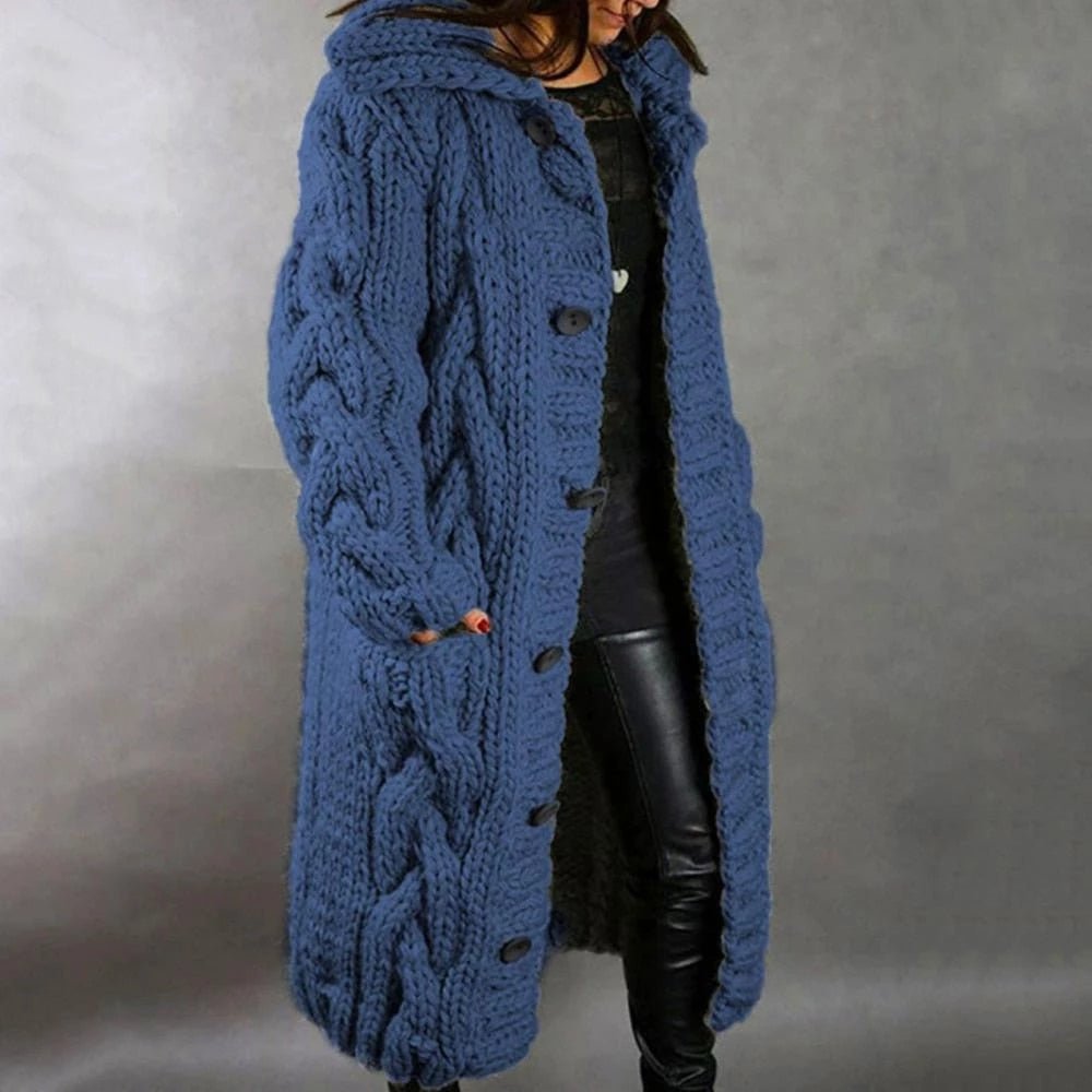 Women's warm cable knit maxi cardigan, perfect for cozy winter fashion and stylish layering.