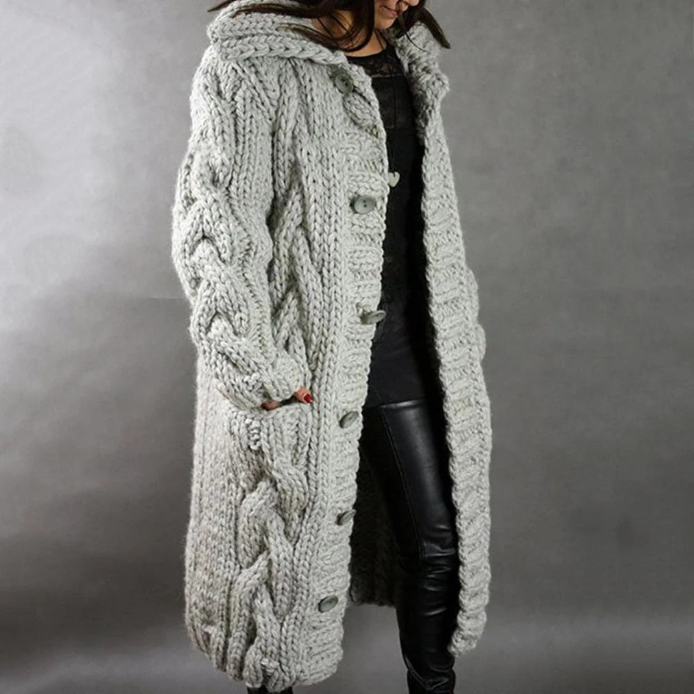 Stylish women's hooded cable knit maxi cardigan, ideal for autumn style & elegant casual outerwear.