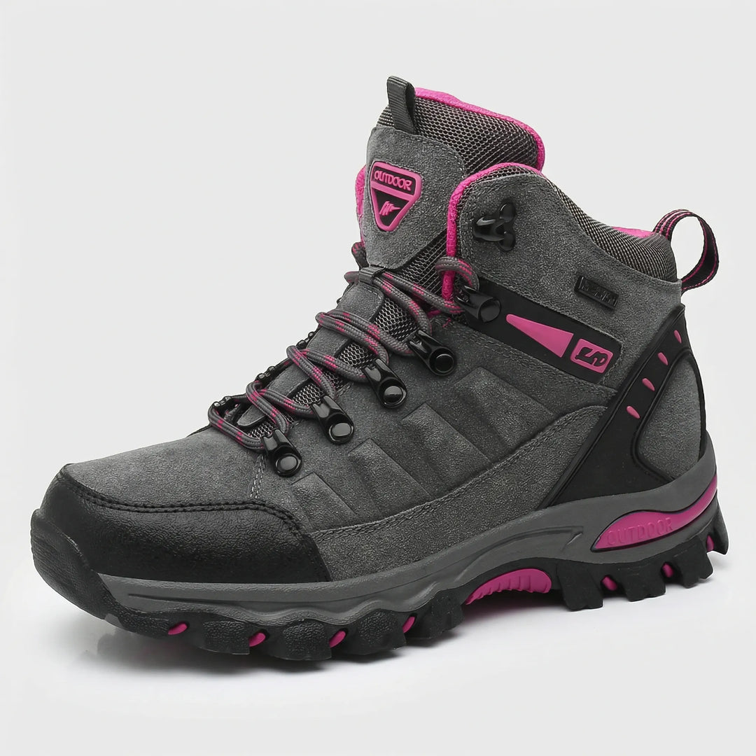 Stylish women's water-repellent trail shoes, Sharon, built for comfort and durability on diverse outdoor terrains.
