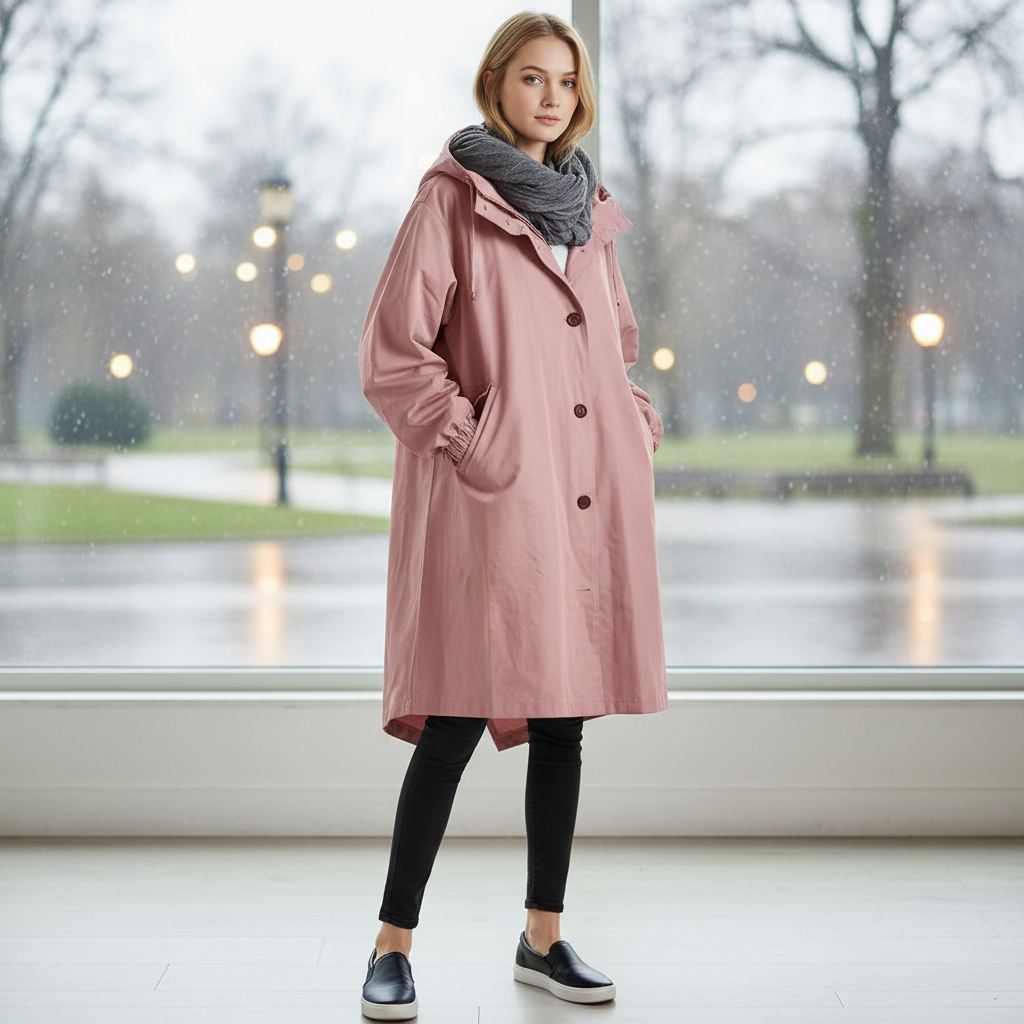 Women's water resistant hooded longline rain jacket, perfect for outdoor & casual wear.
