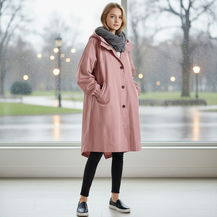 Women's water resistant hooded longline rain jacket, perfect for outdoor & casual wear.