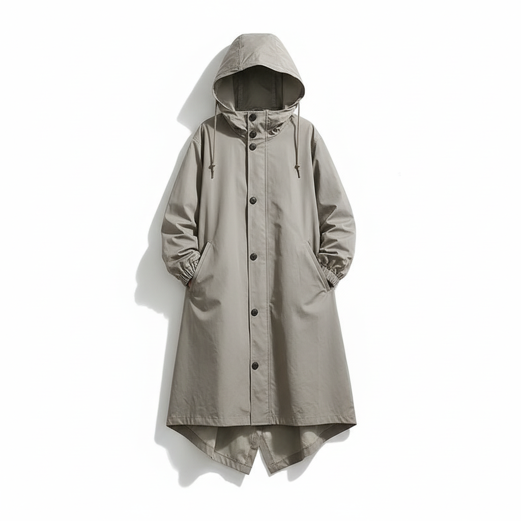 Elegant women's water resistant hooded rain jacket, longline design for fall fashion.