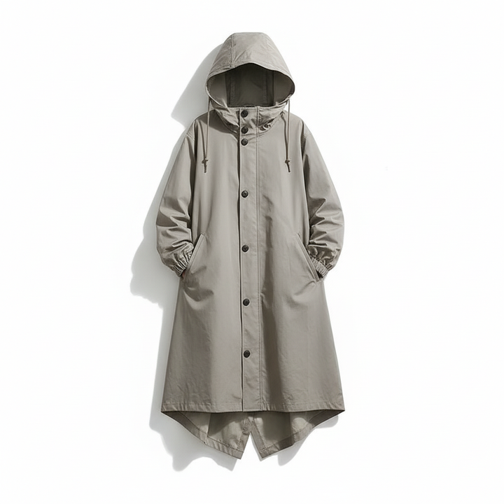 Elegant women's water resistant hooded rain jacket, longline design for fall fashion.