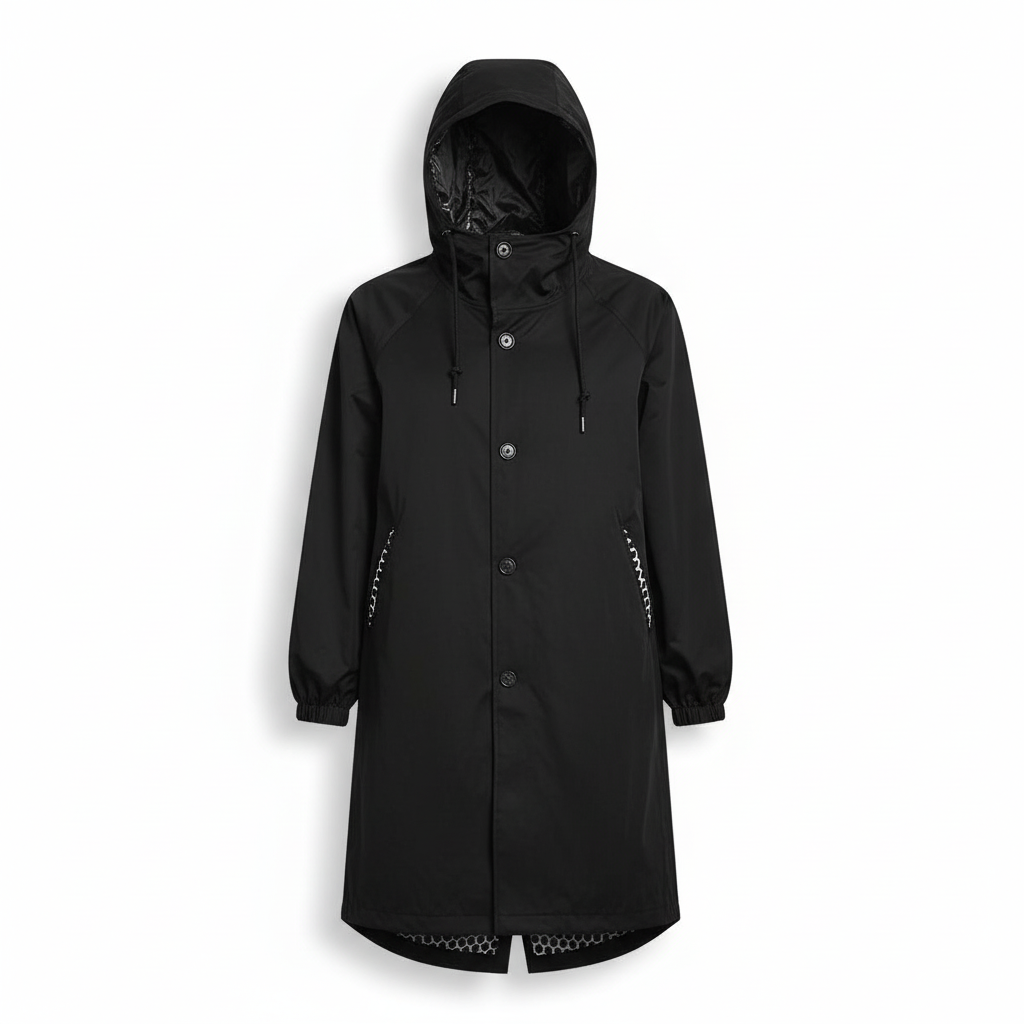 Women's waterproof longline rain jacket with hood, great for everyday outdoor wear & protection.