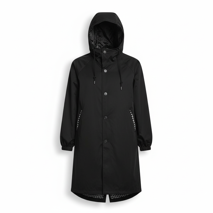 Women's waterproof longline rain jacket with hood, great for everyday outdoor wear & protection.