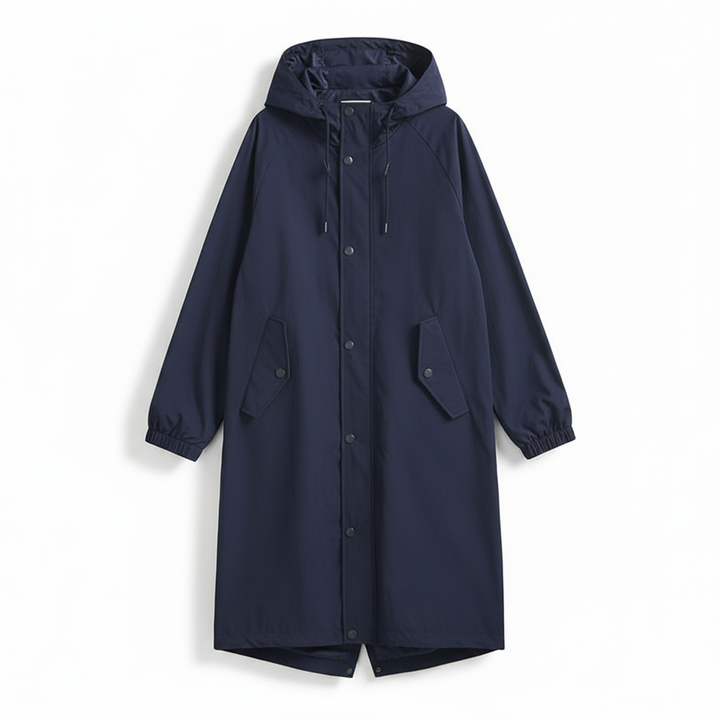 Casual women's hooded longline jacket, water resistant for a comfortable and stylish look.