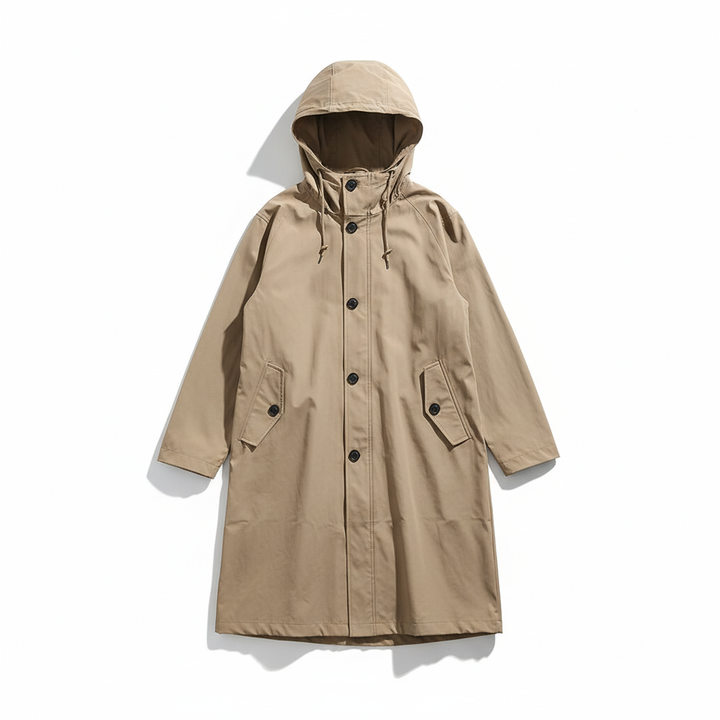 Fall/spring women's longline rain jacket, hooded, water resistant & lightweight outerwear.