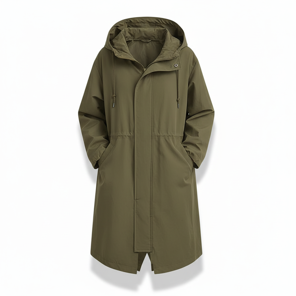 Women's water resistant longline raincoat, hooded for ultimate weather protection & comfort.