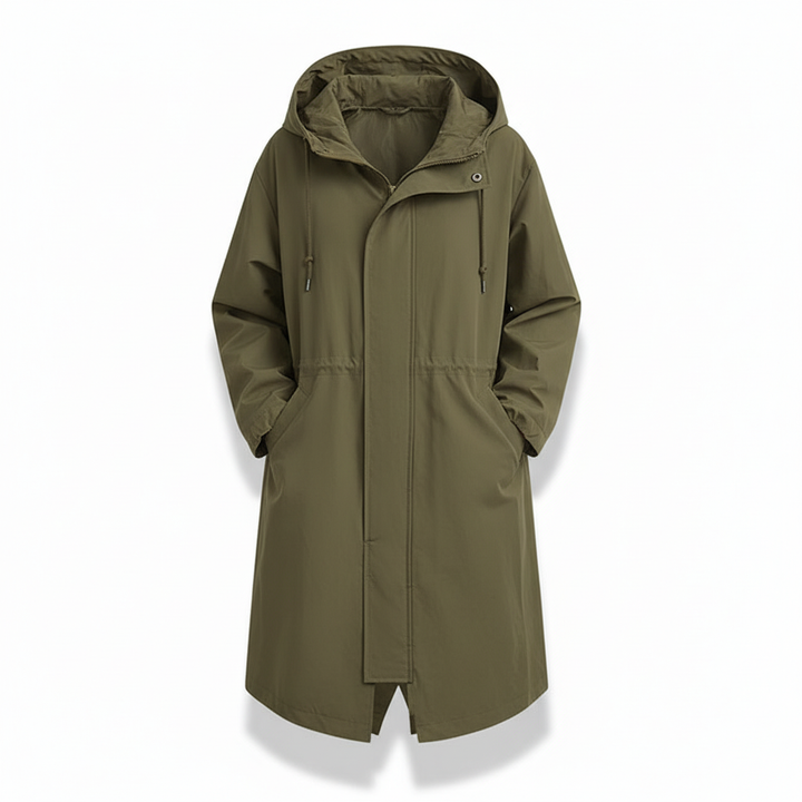Women's water resistant longline raincoat, hooded for ultimate weather protection & comfort.