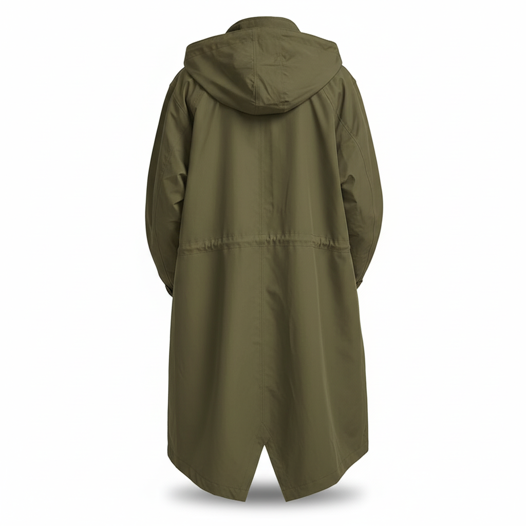 Chic women's hooded longline rain jacket, water resistant and lightweight, perfect for any season.