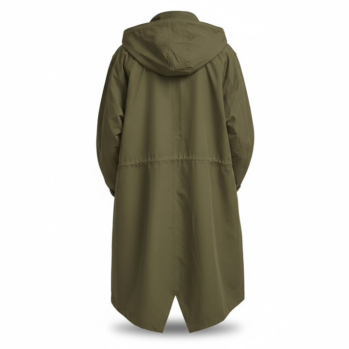 Chic women's hooded longline rain jacket, water resistant and lightweight, perfect for any season.