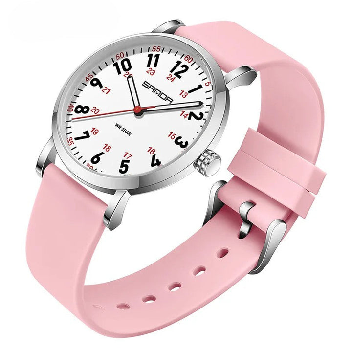 Women's waterproof easy-read watch for healthcare pros. Luminous dial, 12/24-hour, precise second hand.