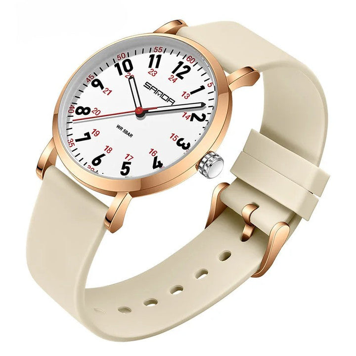 Stylish women's professional timepiece: waterproof, easy-read, luminous dial, essential for healthcare staff.
