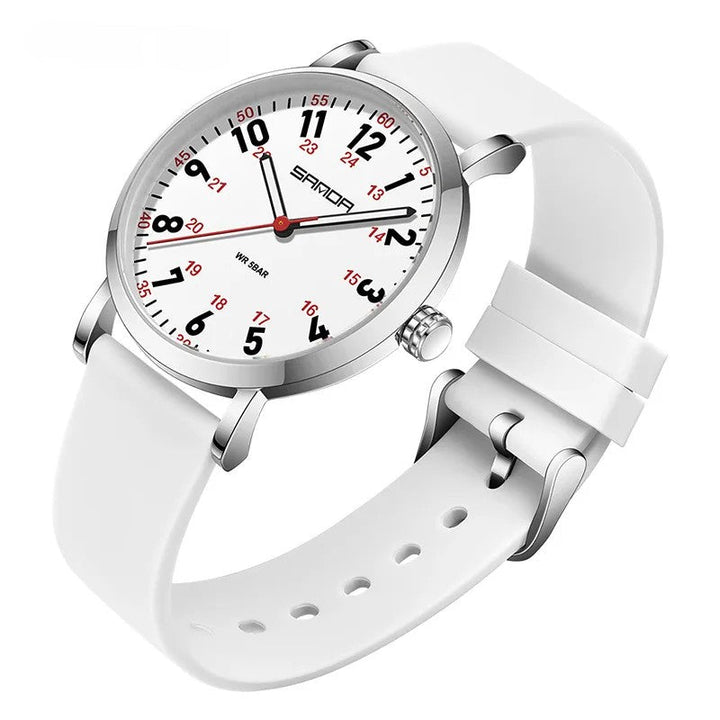 Medical-grade women's watch: waterproof, easy-read luminous dial, 12/24-hour, critical for patient care.