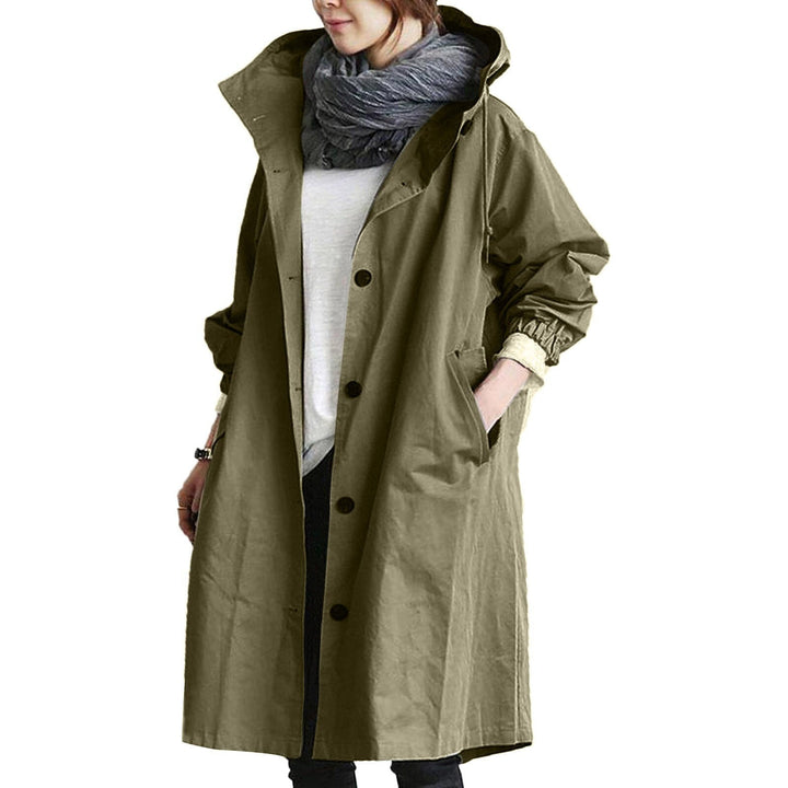 Women's waterproof long raincoat in a stylish, casual design, perfect for outdoor weather protection.