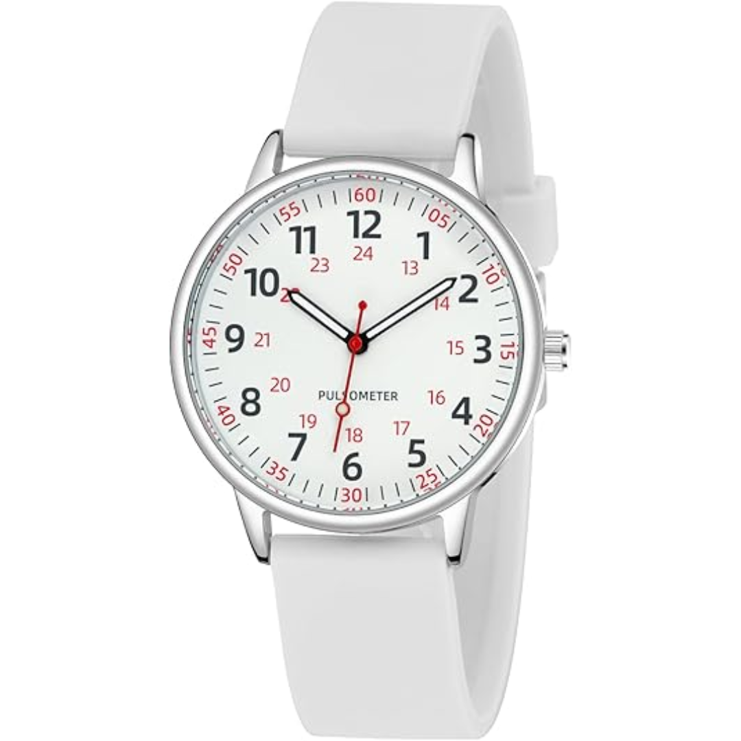 Women's waterproof nurses watch with a comfortable pink silicone band, ideal for healthcare professionals.