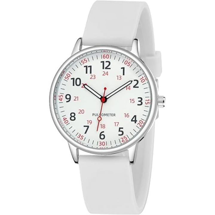 Women's waterproof nurses watch with a comfortable pink silicone band, ideal for healthcare professionals.