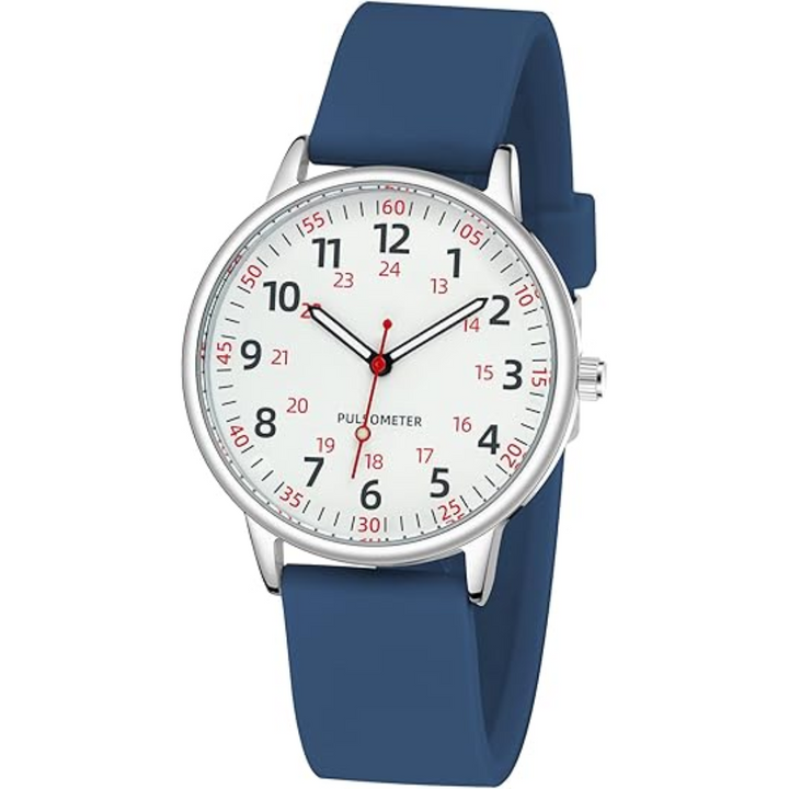 Close-up of a women's waterproof nurses watch face, showing clear analogue display and silicone band.
