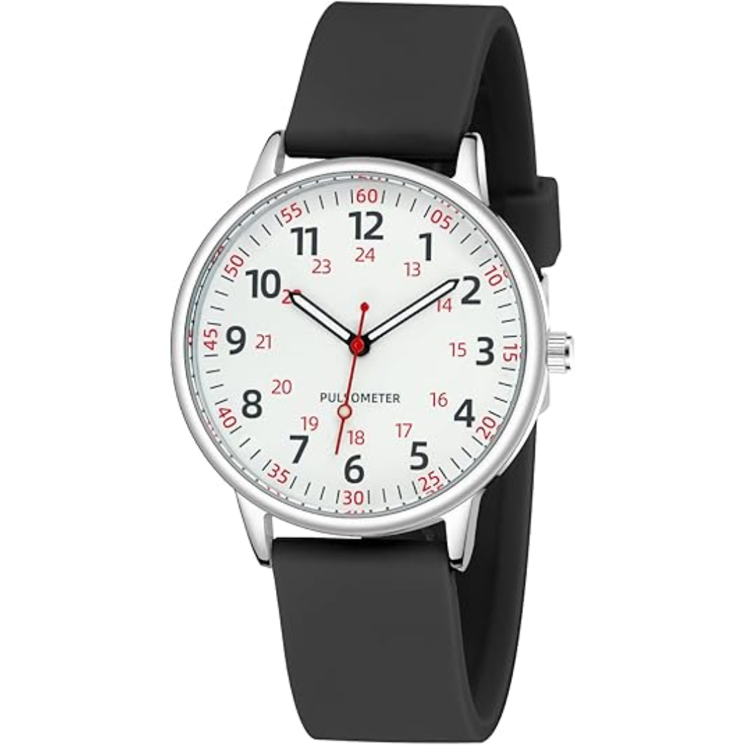 Women's waterproof nurses watch on a wrist, showcasing its comfortable silicone strap for daily wear.