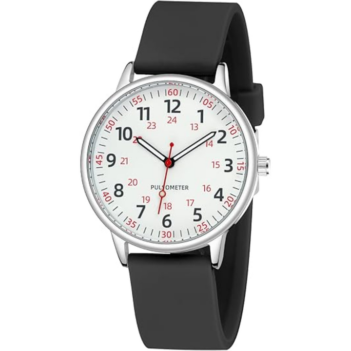 Women's waterproof nurses watch on a wrist, showcasing its comfortable silicone strap for daily wear.