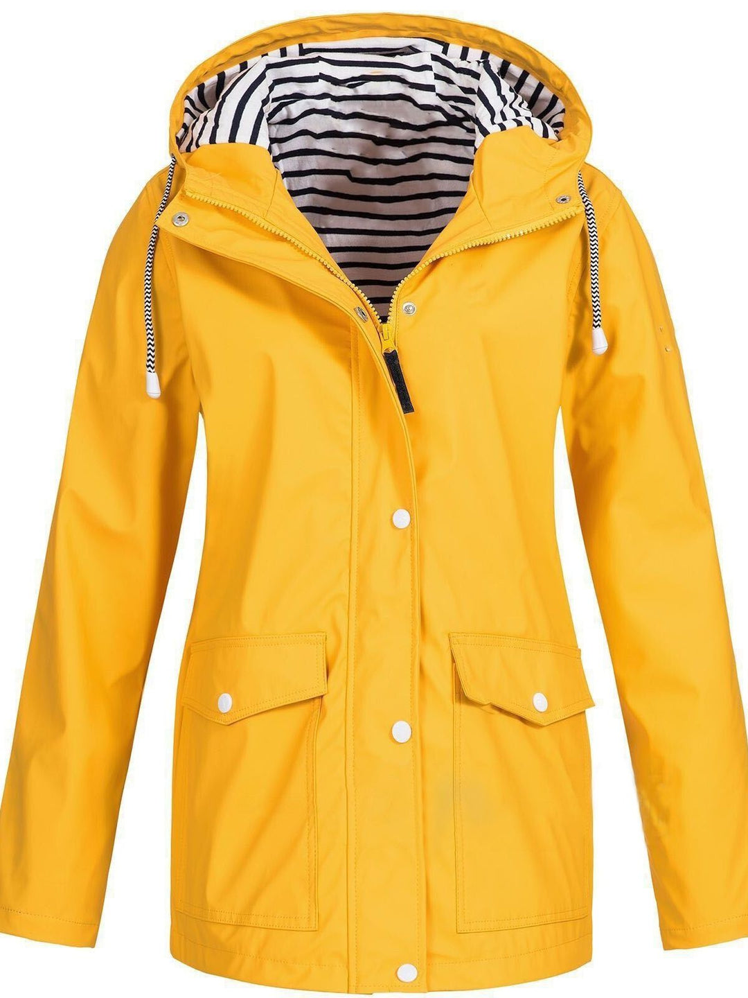 Women's waterproof windproof jacket with hood & pockets. Perfect for rain, travel, and everyday wear.