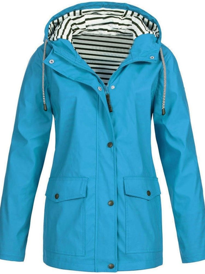 Versatile women's windproof rain jacket. Practical hooded design & multiple pockets for daily wear & travel.