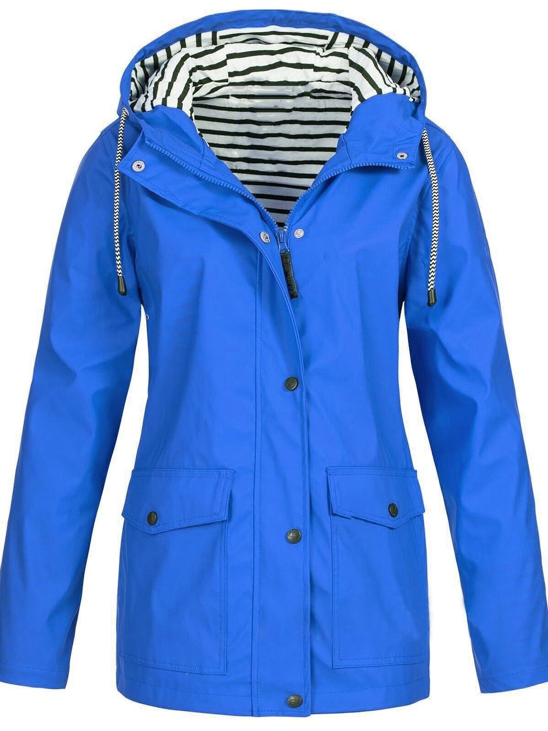 Woman wearing a versatile waterproof windproof hooded jacket, perfect for urban exploration or hiking.