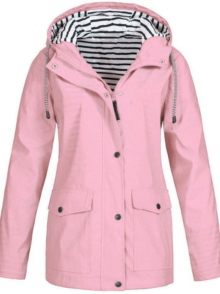 Back view of a women's windproof & waterproof hooded jacket, showcasing its sleek design and weather protection.