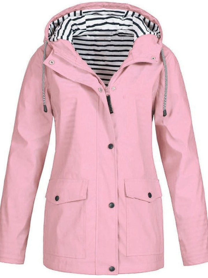 Back view of a women's windproof & waterproof hooded jacket, showcasing its sleek design and weather protection.