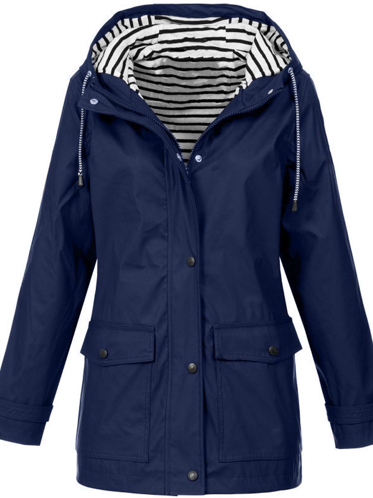 Front view of a women's casual waterproof hooded jacket with functional pockets, ready for any outdoor activity.