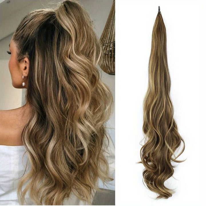 Women's wavy wrap-around ponytail extension for instant volume, easy styling & length. Synthetic hair accessory.