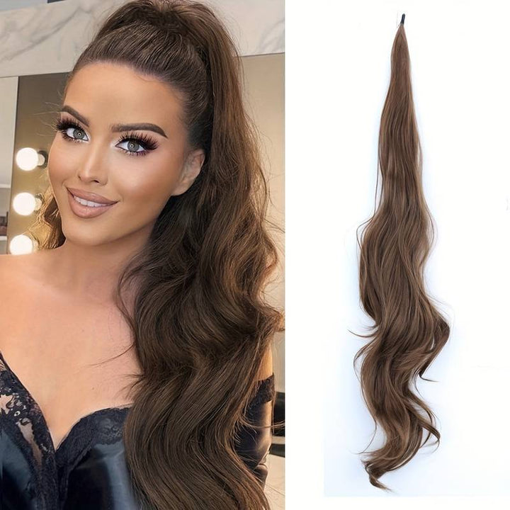 Brunette wavy wrap-around ponytail extension. Perfect for adding instant volume & a natural, full look.