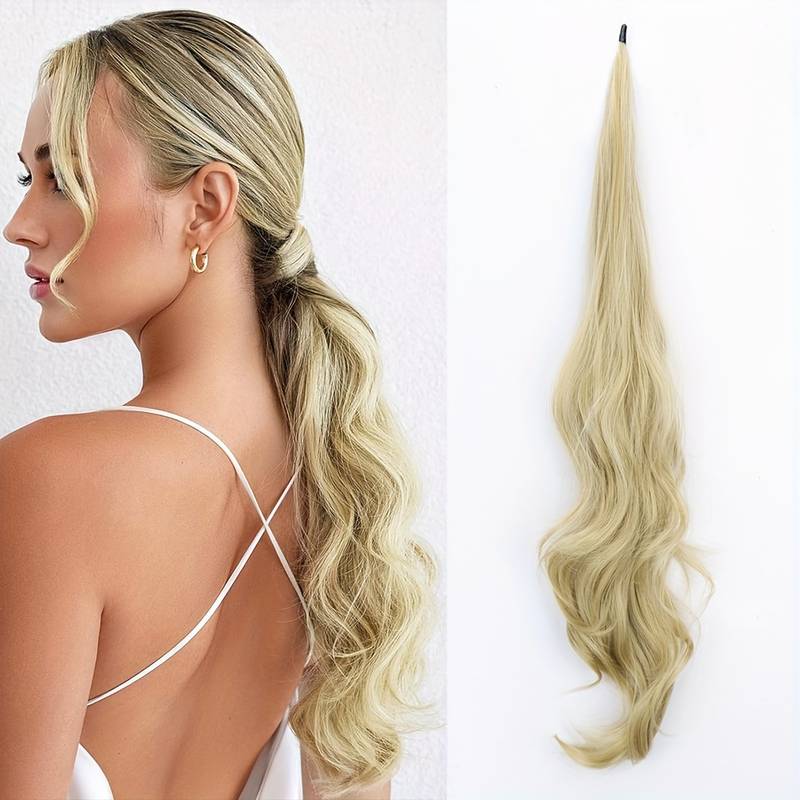 Blonde wavy wrap-around ponytail extension for women. Synthetic hairpiece adds instant volume & length.