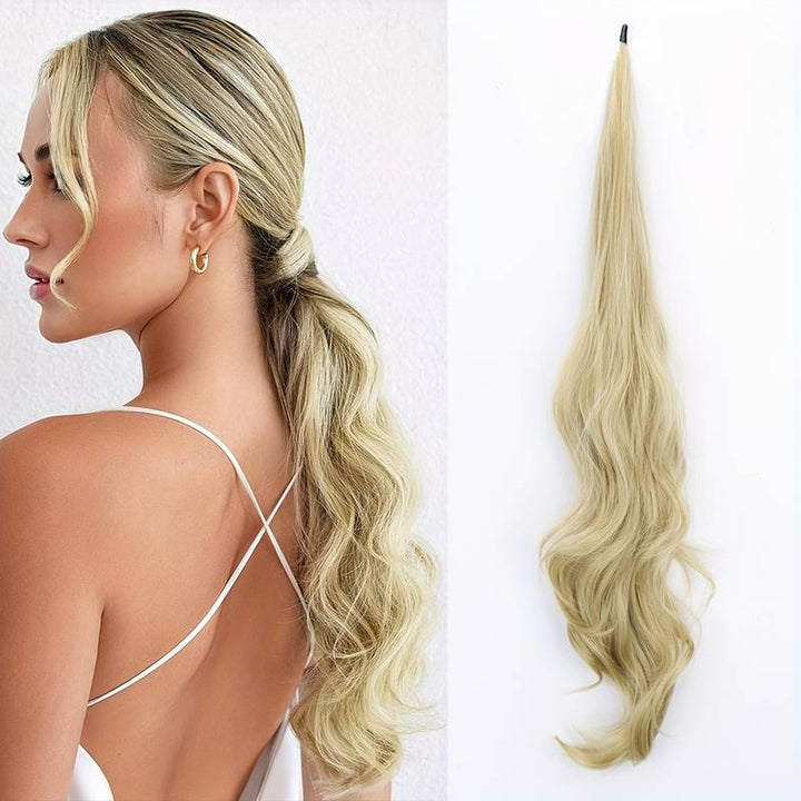 Blonde wavy wrap-around ponytail extension for women. Synthetic hairpiece adds instant volume & length.