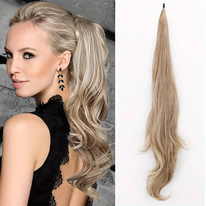 Brunette wavy wrap-around ponytail extension. Easy-to-style synthetic hair accessory for instant volume.