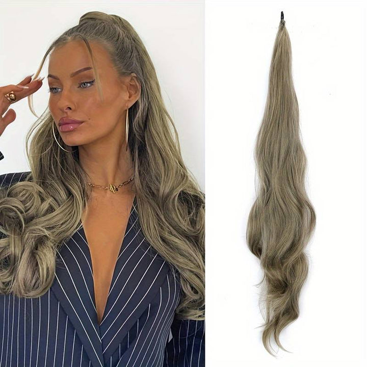 Wavy wrap-around synthetic ponytail extension for women. Adds instant hair volume & long, flowing style.