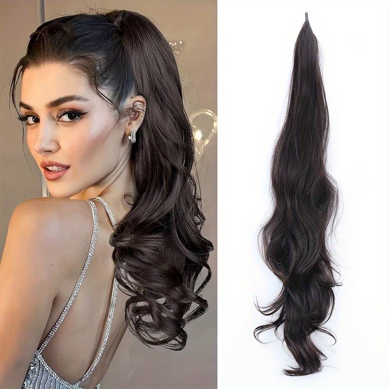 Long wavy synthetic hair extension, wrap-around ponytail. Creates instant volume & elegant hairstyle.