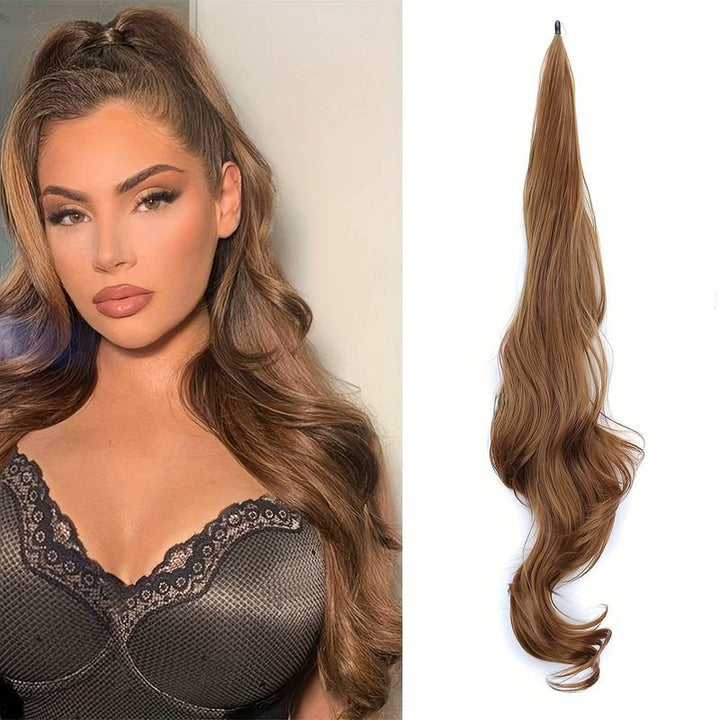 Blonde wavy wrap-around synthetic ponytail extension. Easy to attach for instant volume & glamorous hair.