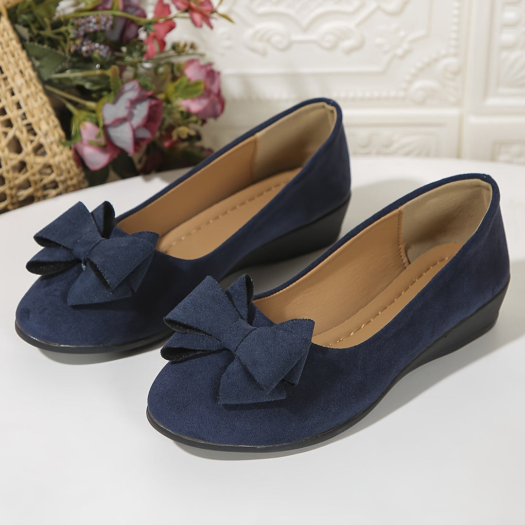 Ladies elegant wedge ballet flats, bow detail, round toe, comfortable for office and versatile.