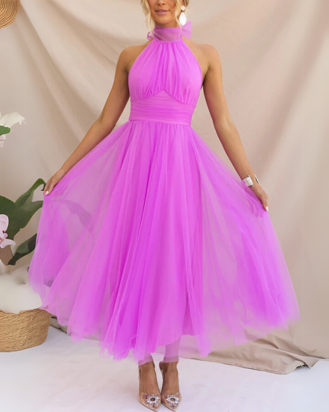 Women's whimsical tulle midi dress, a perfect A-line wedding guest or party dress.