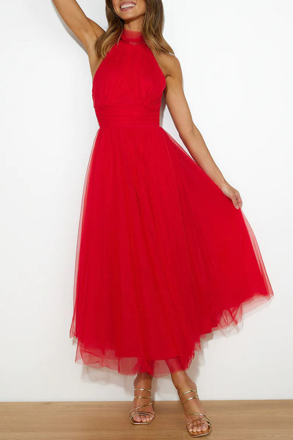 Whimsical A-line tulle midi dress for women, perfect as a wedding guest or evening dress.