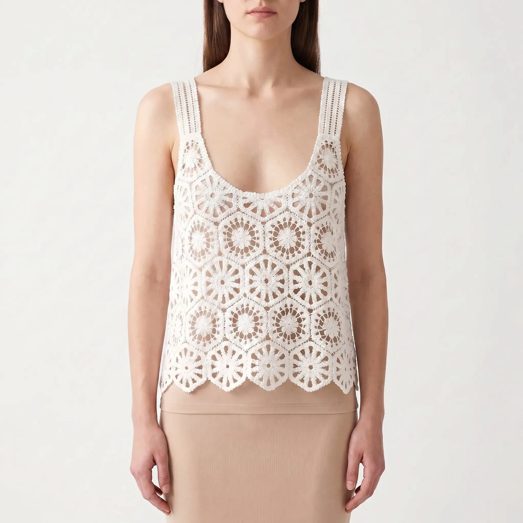 Summer Bohemian crochet knit sleeveless top, a stylish and breathable choice for beach outfits & vacation.